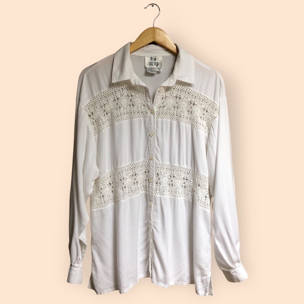 Vintage 80s/90s Together Boho White Crochet Detailed Blouse Shirt Women Missy 14